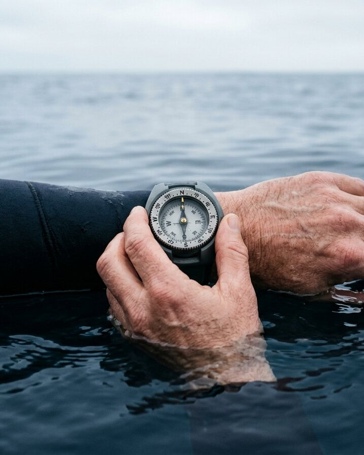 海の中で手首のコンパスを確かめる手