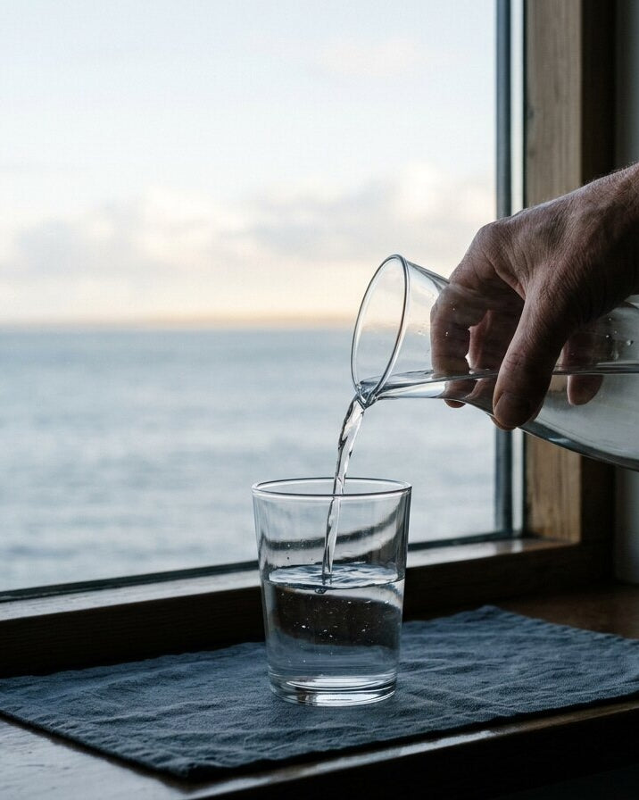 海を望む窓辺でグラスに水を注ぐ手