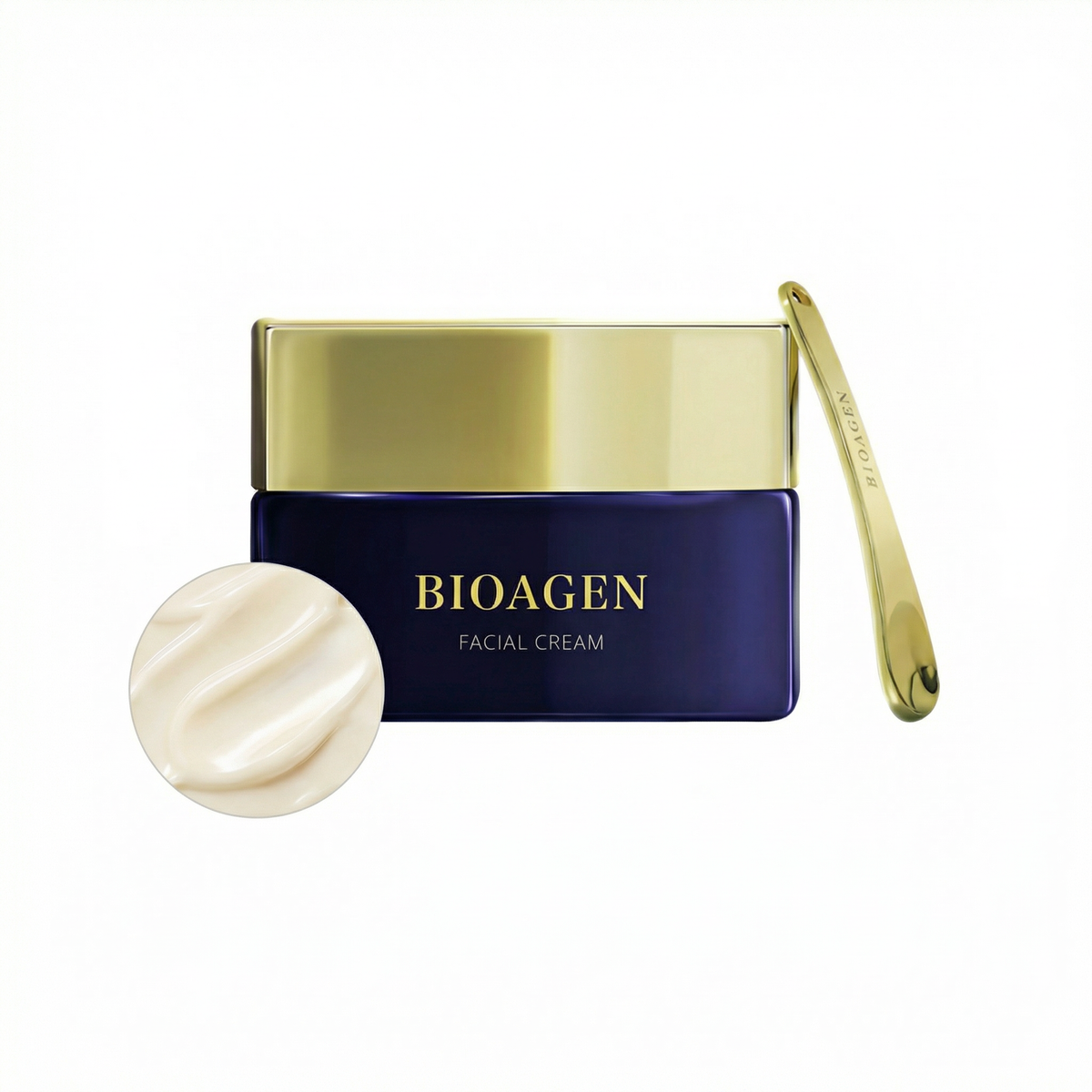 FACIAL CREAM フェイシャルクリームのジャー(ネイビー×ゴールド)とクリームのテクスチャー